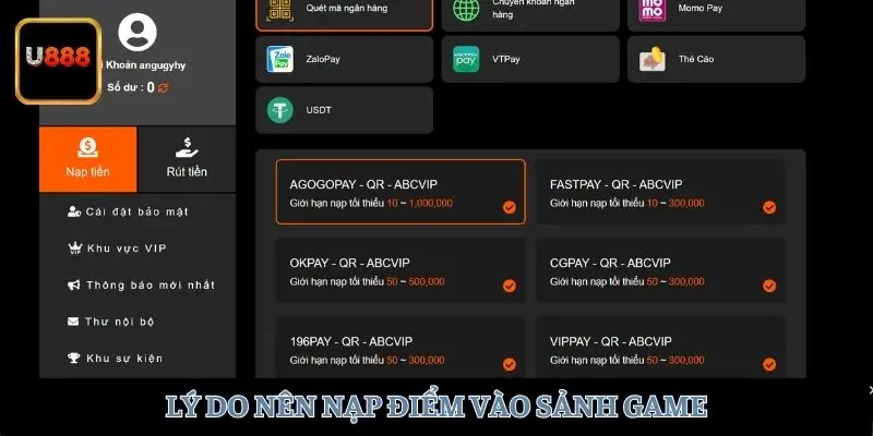 Lý do nên nạp điểm vào sảnh game